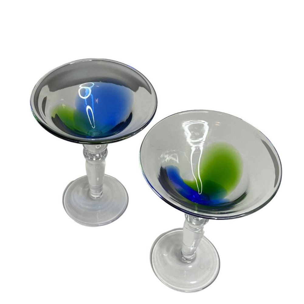Hand Blown Blue Green Art Swirl Martini Bar Modern Cocktail Glasses Stemware - Picture 2 of 8